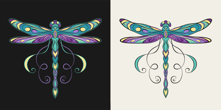Fantasy colored dragonfly with curled antennae, stretched wings in Art Nouveau style. Single isolated colorful illustration in vintage style. Top view.