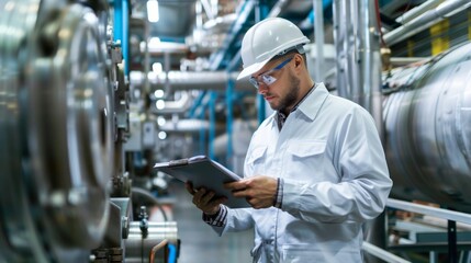 An engineer inspecting machinery and equipment in a production facility.
