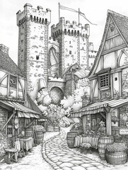 Fototapeta premium A digital drawing of a fantasy medieval town with a castle, shops, and people.