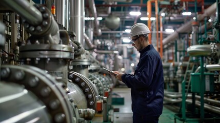 An engineer inspecting machinery and equipment in a production facility.