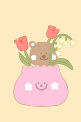 teddy and flowers in smiley vase, illustration card