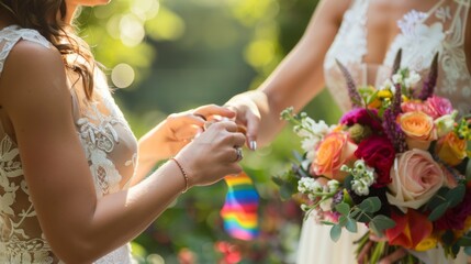 Two brides exchanging rings during their wedding ceremony, with a rainbow colored bouquet