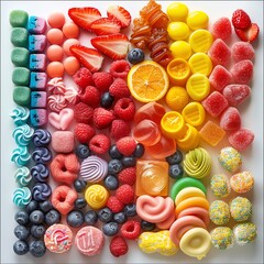 Fototapeta premium Sweet treats galore, rainbow colors, isolated on white, radiant lighting, top angle