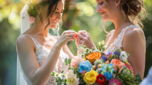 Two brides exchanging rings during their wedding ceremony, with a rainbow colored bouquet