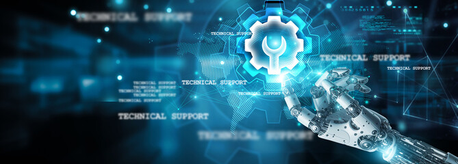 Technical support, Hands-on robot touch devices and support icon, troubleshooting on the network, software, hardware, installation, configuration, guidance, and assistance are provided.
