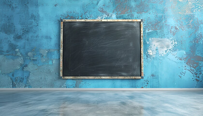 empty blackboard in a room with a distressed blue wall, set on a gloss floor, evoking a minimalist aesthetic