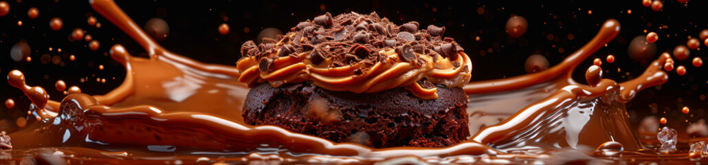 Panorama photo of a cake with chocolate splash