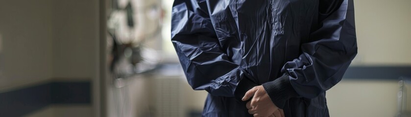 Torso of a patient in a navy blue gown, emphasizing the practical and comfortable design of the hospital attire