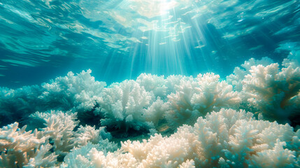 Bleaching coral reefs. An underwater scene of vibrant coral reefs turning white due to rising water temperatures