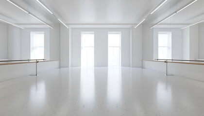 empty white ballet class with mirrow walls and ballet barre