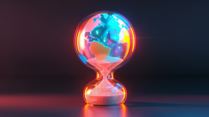 An hourglass with sand rapidly draining, with the Earth globe visibly shrinking inside