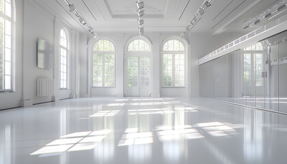 empty white ballet class with mirrow walls and ballet barre