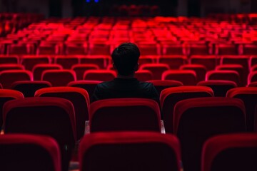 Dynamic Actor man at chairs in theater. Role empty. Generate Ai
