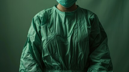 Torso of a patient in a green gown, emphasizing the comfort and functional design of the hospital wear