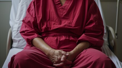 Torso of a patient in a crimson gown, focusing on the comfort and unique color of the hospital wear