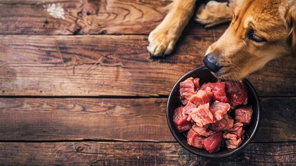 A dog sniffing a bowl filled predominantly with raw lamb and some organ meats, set on a rustic wooden floor