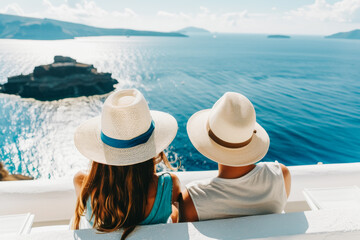 A young couple in white hats enjoy sea views from a terrace on a Greek island. Rear view. Concept of honeymoon, vacation and summertime travel.
