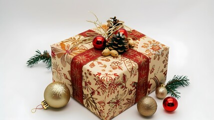 image of a beautifully wrapped gift box, adorned with lavish decorations and placed against a simple white background, symbolizing the joy of giving.