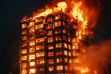 Apartment block on fire Home insurance concept 