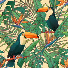 Naklejka premium Tropical seamless pattern with monstera leaves, bird of paradise flower. Vector illustration of ramphastos bird. For fabric, textile, wrapping paper, cover, package. Flowers and tropical leaves.