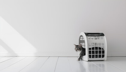 empty cat carrier on white floor in white empty room