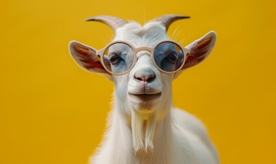 cool goat wearing sunglasses on colorful background.