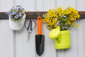 watering can and spatula for planting in the garden with a bouquet of flowers. Garden tools are...