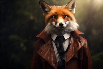 Naklejka premium A cute of a red fox in a detectives trench coat, sleuthing through a misty forest, portrait with futuristic styles