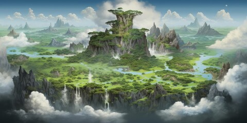 A fantastic painting of a sprawling fantasy landscape with floating islands, model isolated on a solid background
