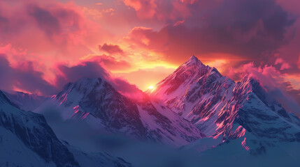A beautiful sunset over a mountain range with a bright orange sun in the sky