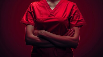 Professional medical personnel in crimson scrub suit, torso only visible, highlighted against a dark background for dramatic effect