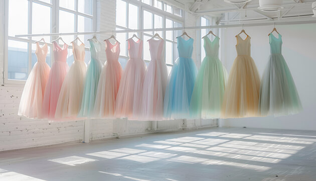 pastel color ballerinas' skirts hanging on a hanger in an empty white room