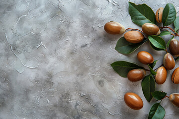 Argan nuts and leaves on a textured surface 