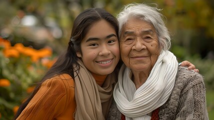 Loving Family Embrace: Grandmother and Granddaughter Smiling in a Garden. Warm Bond, Generational Connection, Autumnal Setting. Heartwarming Lifestyle Portrait. AI