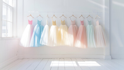 pastel color ballerinas' skirts hanging on a hanger in an empty white room