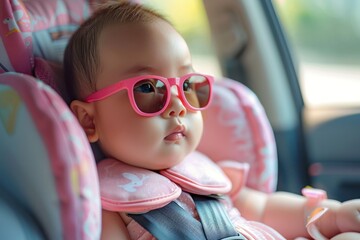 The little girl, wearing sunglasses, sits strapped in her car seat, ready for a ride.