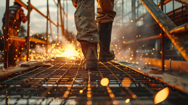 A man is walking on a construction site with sparks flying around him - Powered by Adobe