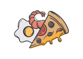 Fast food illustration. Junk food concept. Vector editable image of fried eggs, pizza and shrimp