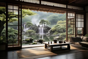 A serene Japanese garden visualized in a Chinese art style creative design, where traditional tea ceremonies take place, framed by a sharpen landscape