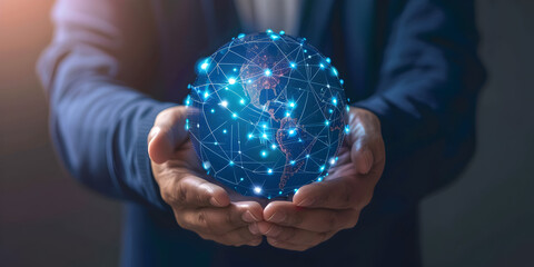   A businessman holding a global network connection symbolizing the power of digital technology to connect people and businesses concept background 
  
