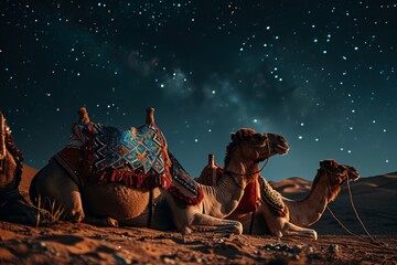 Nomadic lifestyle with embellished camels in a desert under starry night, Nomadic lifestyle camel, ...