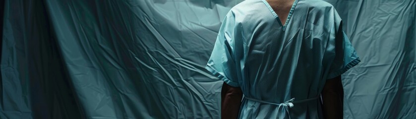 Patient in a light blue hospital gown, torso only visible, highlighted against a contrasting dark background for depth