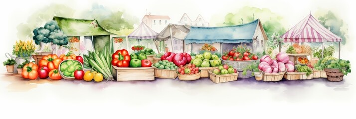 A watercolor of a bustling farmers market, featuring colorful stalls of fresh fruits and vegetables, in cute styles, Simple detail clipart cute watercolor on white background