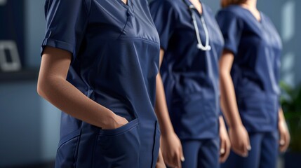 Medical staffs torso in navy blue scrubs, no other elements visible, ideal for medical and healthcare training materials