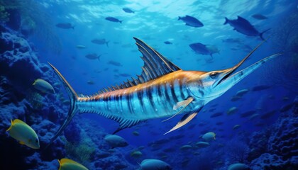 Fototapeta premium Giant Marlin fish in the ocean, beautiful view of marlin fish in the blue ocean