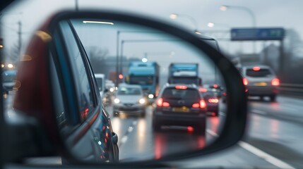 Obraz premium Traffic Reflection in Rearview Mirror on Gloomy Evening. Safety and Travel Concept Captured in Style. Commuting Scene in Focus. AI