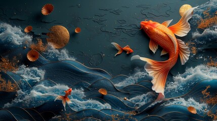 Wall art design for wallpaper, wall framed prints, canvas prints and home decor with goldfish and ocean wave texture.