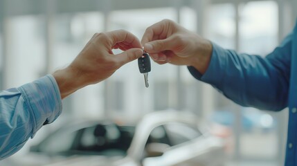 Handover of car keys after successful deal. Two hands exchanging keys, blurred car background symbolizing ownership transfer. Purchase, agreement, customer satisfaction in focus. AI