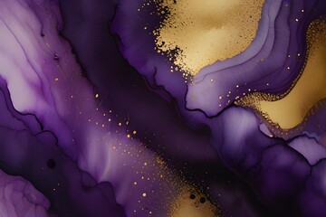 Alcohol ink watercolor background. Aesthetic purple painting with glitters and the golden liquid. Generative AI 