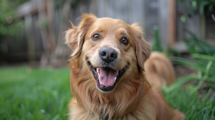 Fototapeta premium A happy dog with a shiny coat and bright eyes as a result of following a BARF diet, playing in a backyard